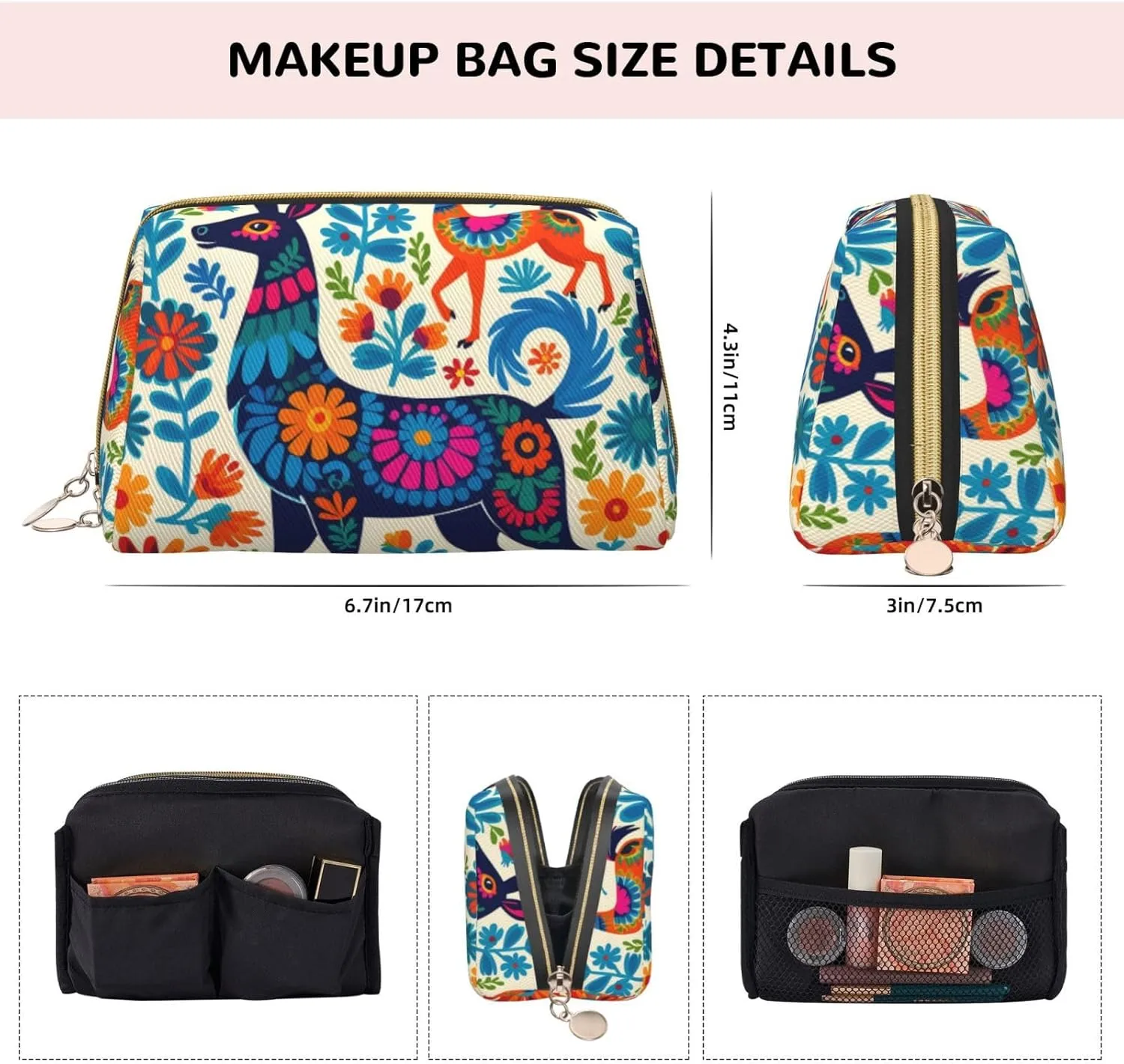 Mexican Otomi Animals Printed Small Makeup Bag,Travel Cosmetic Bag Purse with Zipper,Water-resistant Makeup Organizer Bag for Women