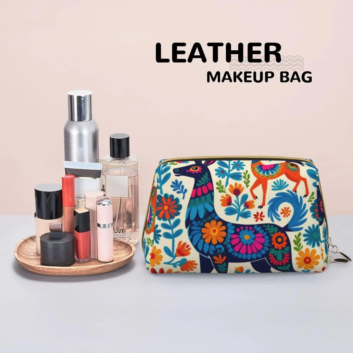 Mexican Otomi Animals Printed Small Makeup Bag,Travel Cosmetic Bag Purse with Zipper,Water-resistant Makeup Organizer Bag for Women