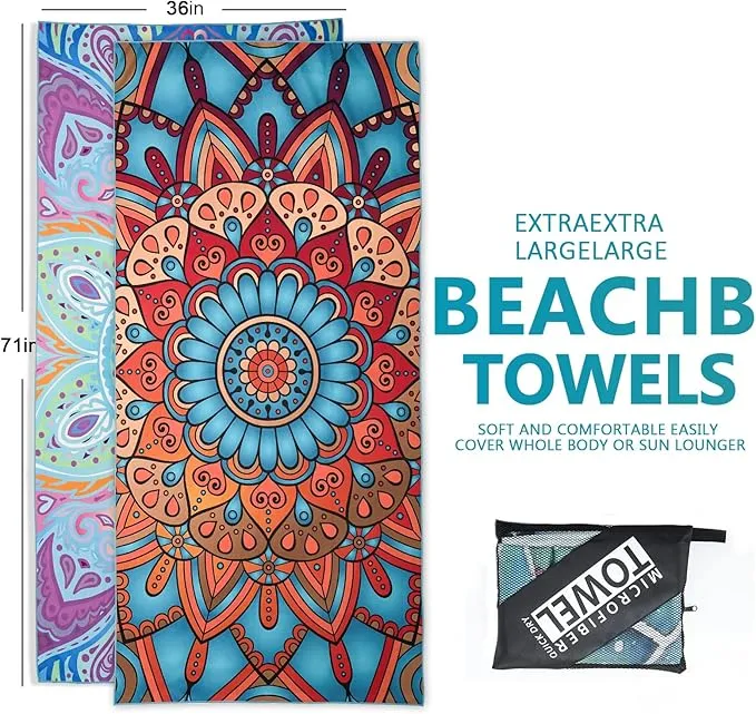 Microfiber Beach Towels 2 Packs, Oversized Quick-Dry Towels for Adults, Lightweight Thin Towels (72" x 36") for Swimming, Beach, Camping