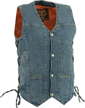Milwaukee Leather Men's Blue Denim 10 Pocket Side Lace Vest DM1989