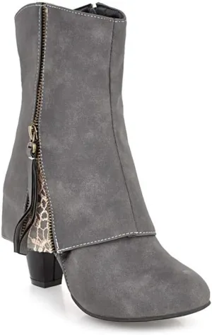 MIOKE Women's Fashion Dressy Ankle Boots Round Toe Side Zipper Chunky Block High Heel Western Short Booties
