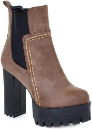 MIOKE Women's Platform High Heeled Ankle Booties Round Toe Chelsea Waterproof Elastic Dressy Short Boots