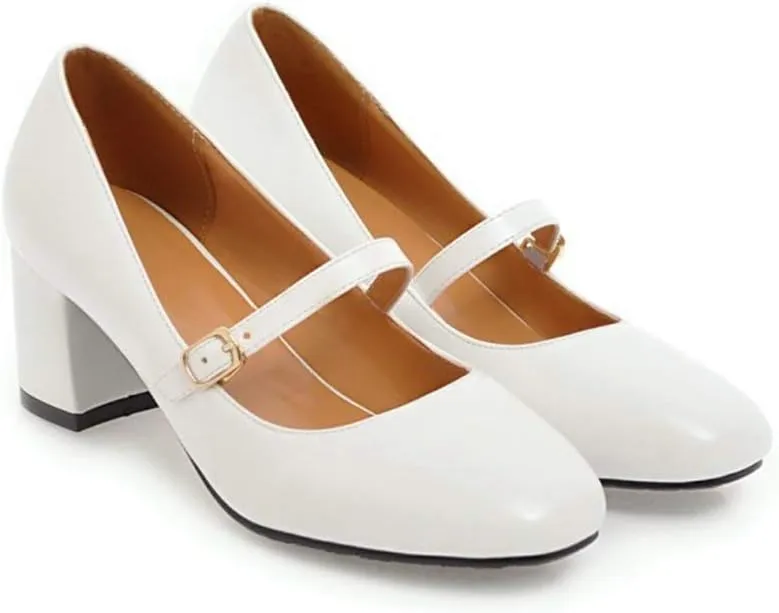 MIOKE Women's Square Toe Mary Jane Pump Oxford Leather Buckle Strap Chunky Block Mid Heel Retro Dress Shoes