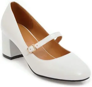 MIOKE Women's Square Toe Mary Jane Pump Oxford Leather Buckle Strap Chunky Block Mid Heel Retro Dress Shoes