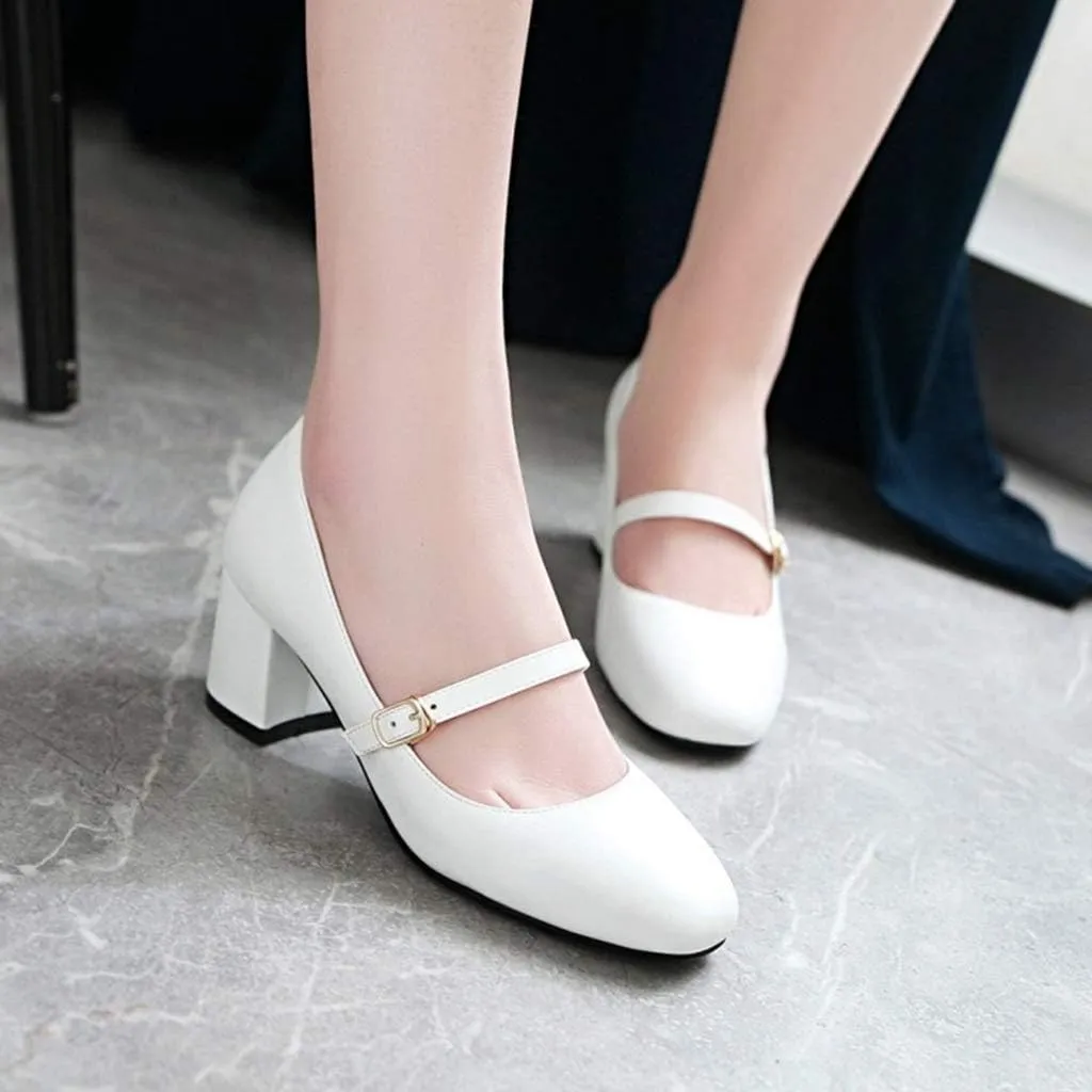 MIOKE Women's Square Toe Mary Jane Pump Oxford Leather Buckle Strap Chunky Block Mid Heel Retro Dress Shoes