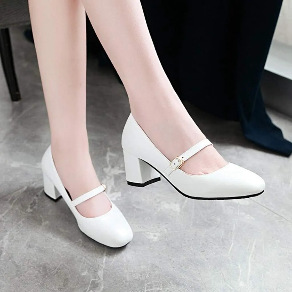 MIOKE Women's Square Toe Mary Jane Pump Oxford Leather Buckle Strap Chunky Block Mid Heel Retro Dress Shoes