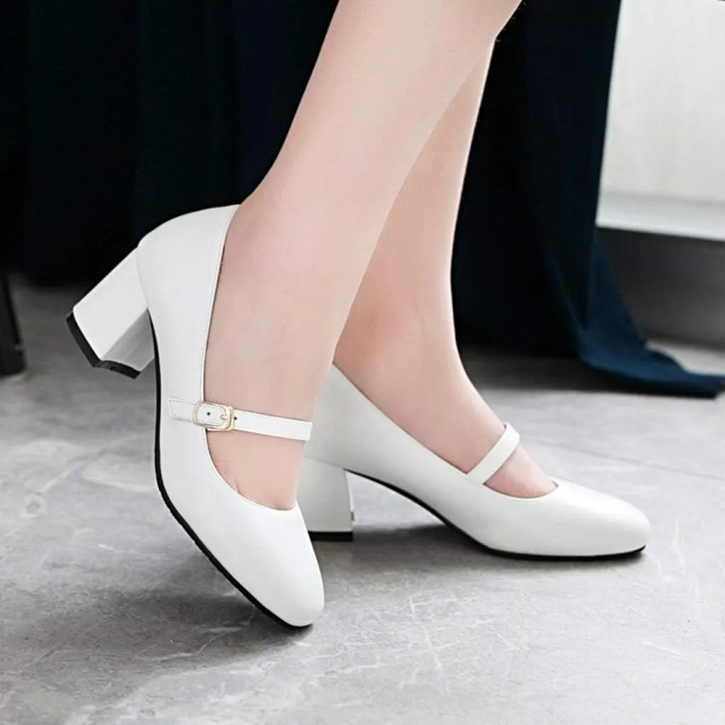 MIOKE Women's Square Toe Mary Jane Pump Oxford Leather Buckle Strap Chunky Block Mid Heel Retro Dress Shoes