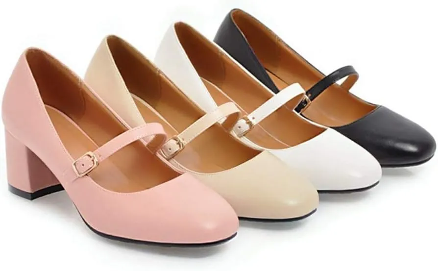 MIOKE Women's Square Toe Mary Jane Pump Oxford Leather Buckle Strap Chunky Block Mid Heel Retro Dress Shoes