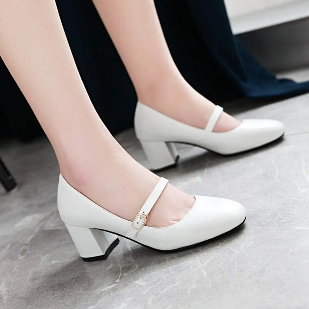 MIOKE Women's Square Toe Mary Jane Pump Oxford Leather Buckle Strap Chunky Block Mid Heel Retro Dress Shoes