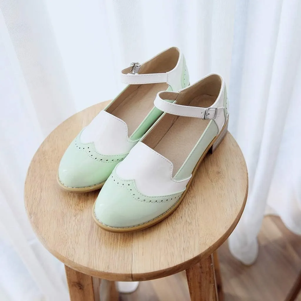 MIOKE Women's Two Tone Flat Mary Jane Oxford Shoes Wingtip Buckle Low Heel Vintage Saddle Oxfords Brogues
