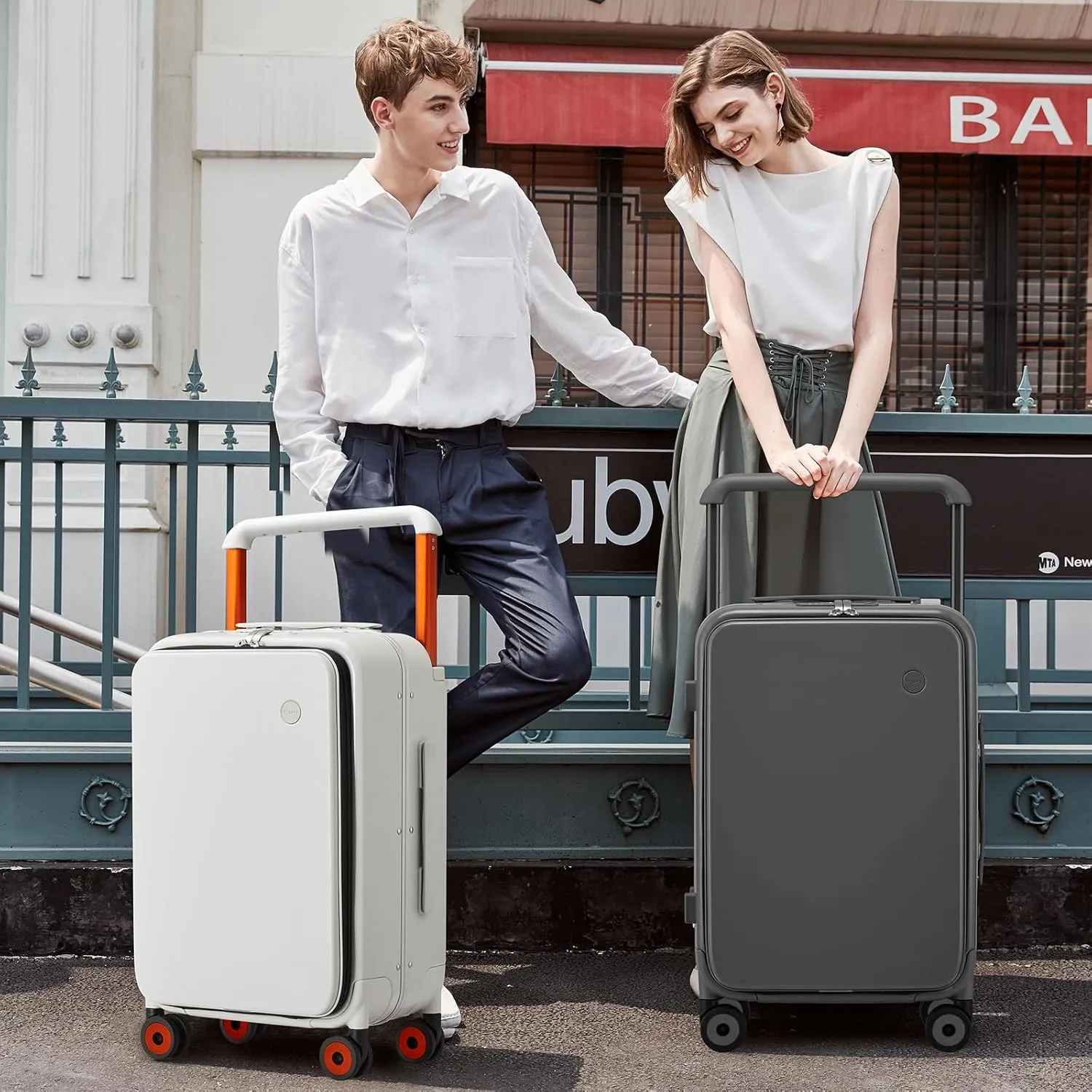 mixi Carry On Luggage Wide Handle Luxury Design Rolling Travel Suitcase PC Hardside with Aluminum Frame Hollow Spinner Wheels, with Cover, 20 inch, Smoke White