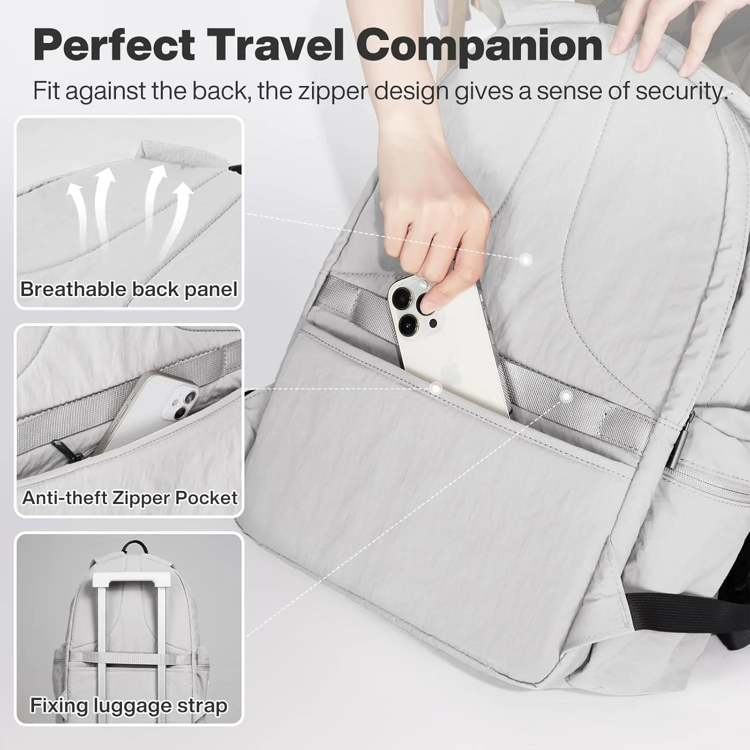 mixi Outdoor Lightweight Backpack Casual Carry On Laptop Backpack Travel Bookbag for Women Men, Water Resistant Durable Small Hiking Bag for Camping Weekender Sports College Work, 15 Inch, Light Gray
