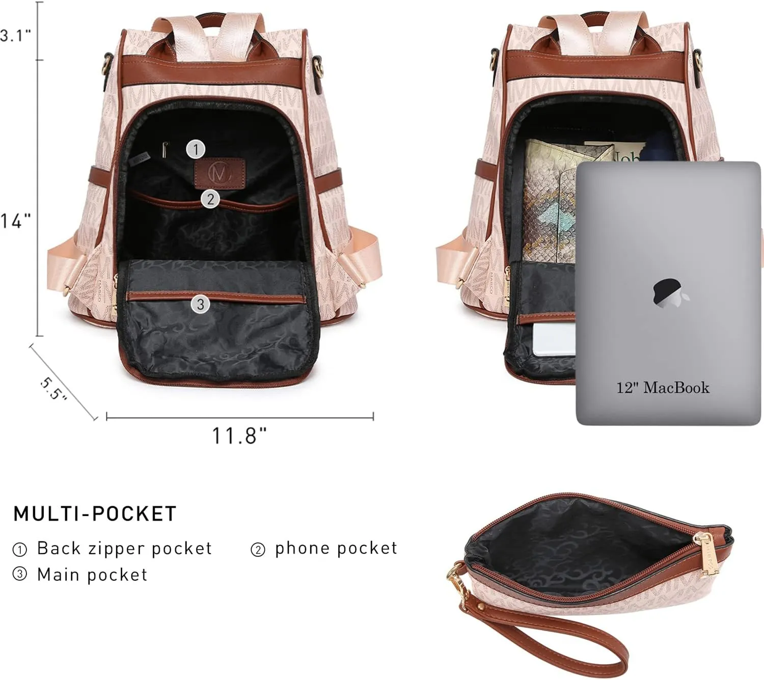 MKP COLLECTION Women Fashion Backpack Purse Multi Pockets Anti-Theft Rucksack Travel Shoulder Bag Handbag Set 2pcs