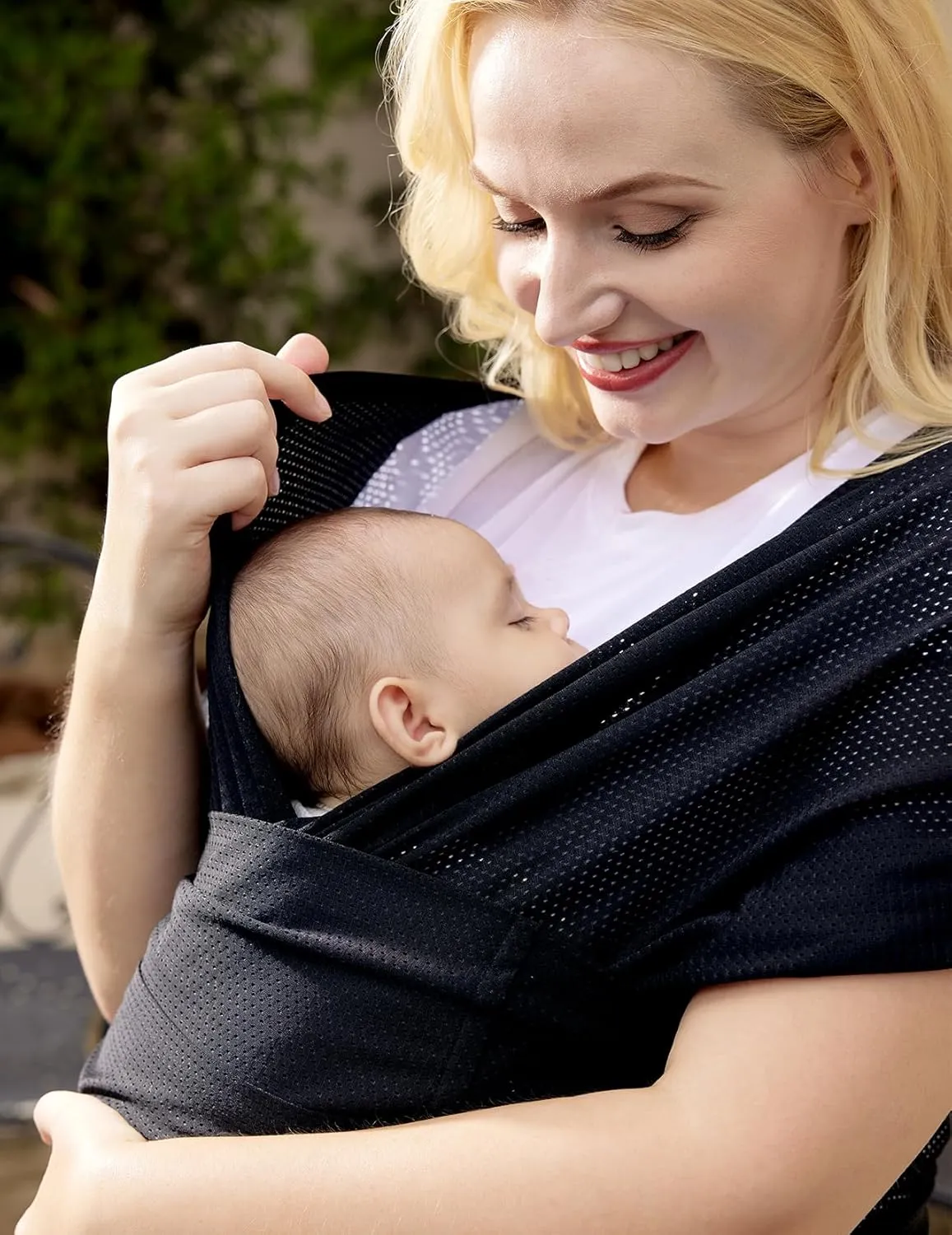 Momcozy Adjustable Buckle Baby Wrap Carrier Cooling Air-Mesh, Easy to Wear Baby Carrier Sling, Baby Carriers Newborn to Toddler 8-35lbs, Suit for Waist 27-47inch, Regular Black