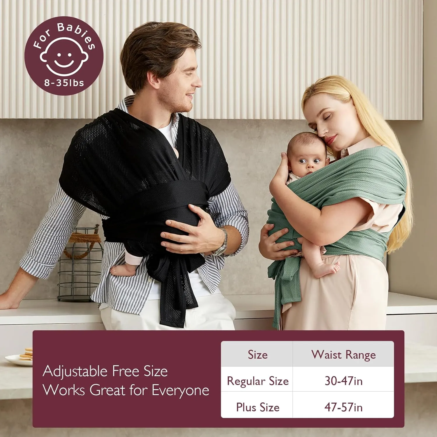 Momcozy Adjustable Buckle Baby Wrap Carrier Cooling Air-Mesh, Easy to Wear Baby Carrier Sling, Baby Carriers Newborn to Toddler 8-35lbs, Suit for Waist 27-47inch, Regular Black