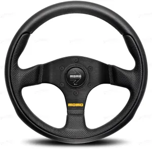 MOMO Motorsport Team Street Steering Wheel, Black Leather Grip, Brushed Black Anodized Spoke, Black Airleather Center, 300mm