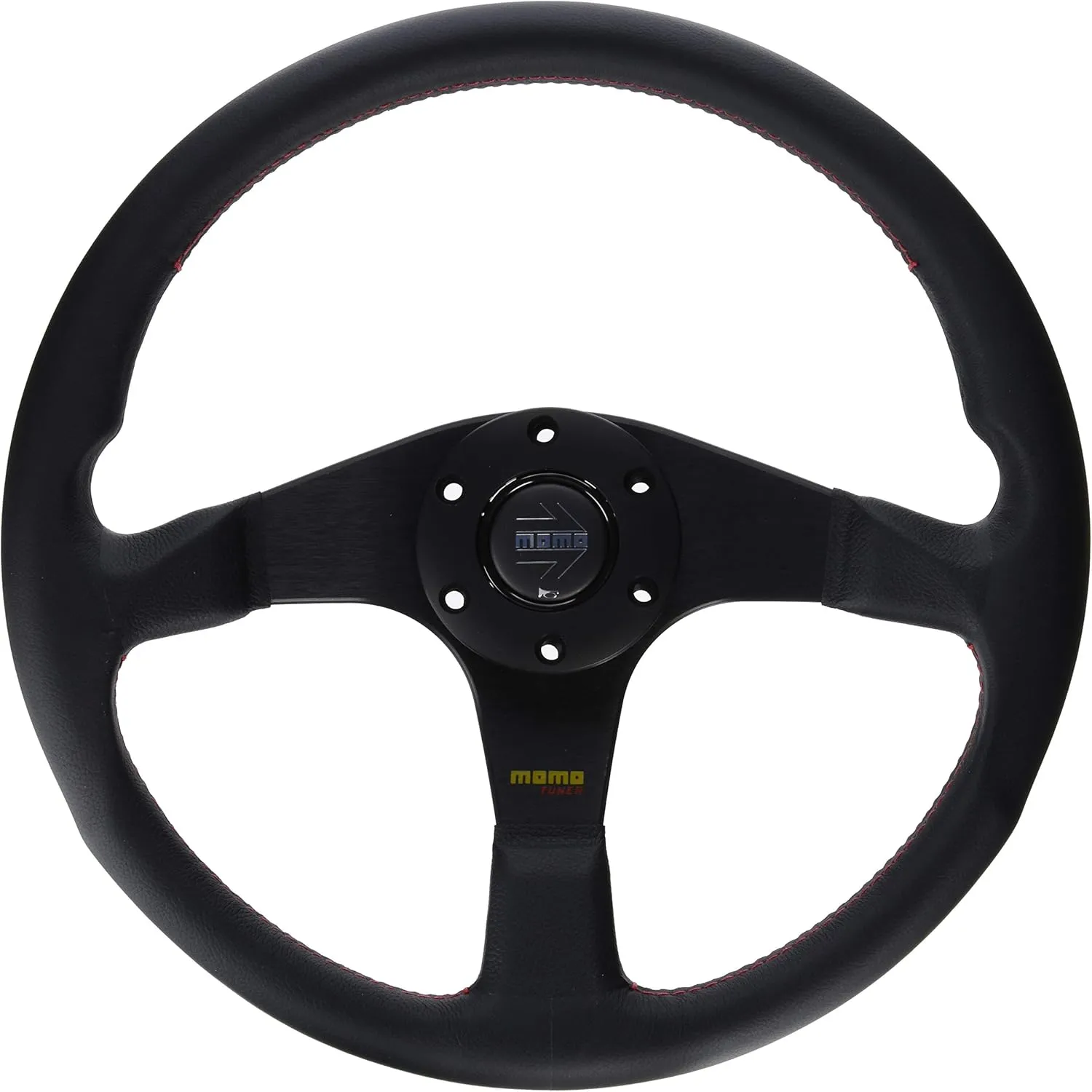 MOMO Tuner Steering Wheel | 350mm Black Leather Grip | Brushed Black Anodized 3-Spoke | Universal Fit | Adapter Required | Racing-Inspired Design