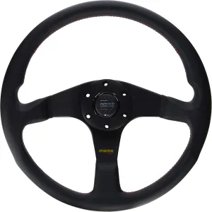 MOMO Tuner Steering Wheel | 350mm Black Leather Grip | Brushed Black Anodized 3-Spoke | Universal Fit | Adapter Required | Racing-Inspired Design