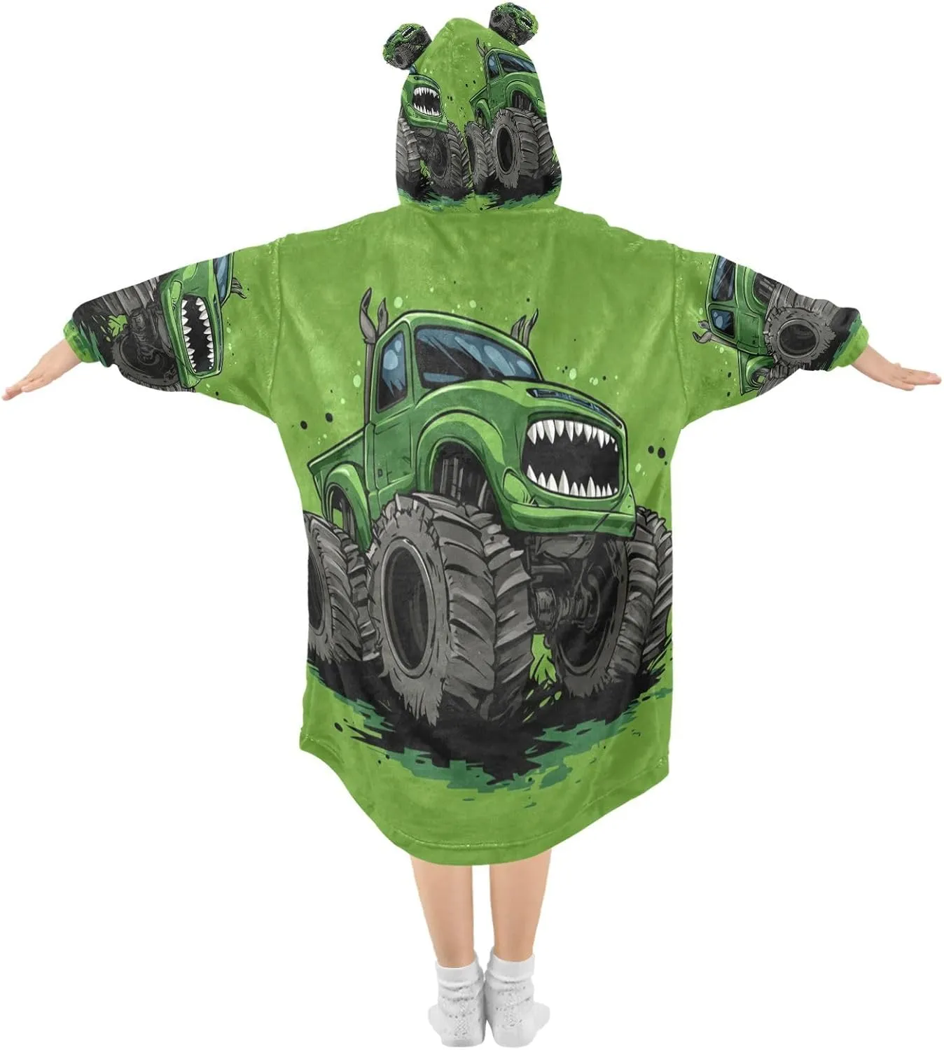 Monster Truck Green Wearable Blanket Hoodie Oversized Blanket Sweatshirt with Pockets Gifts for Kids Girls Teens