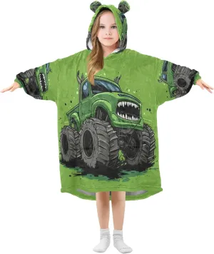 Monster Truck Green Wearable Blanket Hoodie Oversized Blanket Sweatshirt with Pockets Gifts for Kids Girls Teens