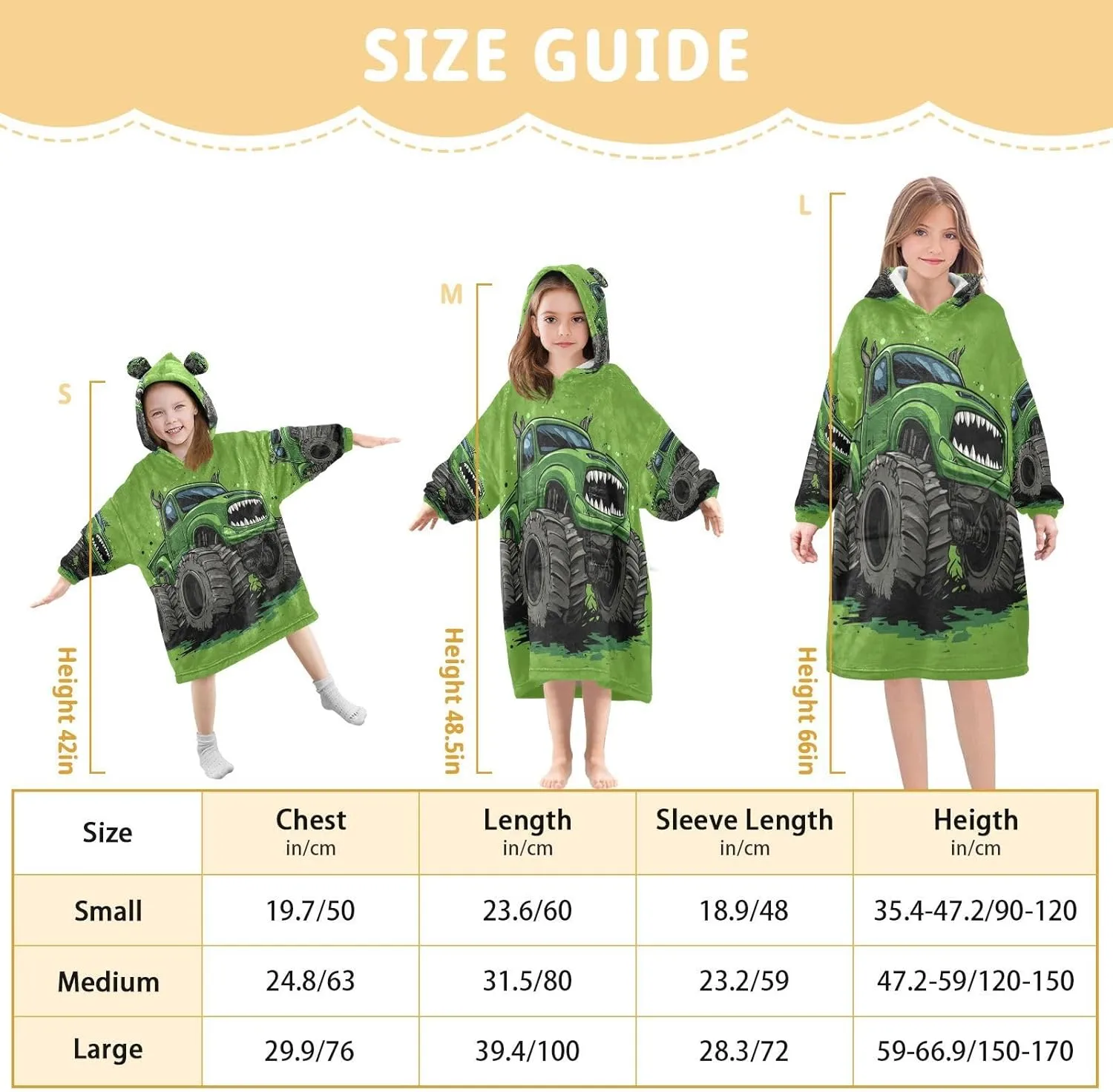 Monster Truck Green Wearable Blanket Hoodie Oversized Blanket Sweatshirt with Pockets Gifts for Kids Girls Teens