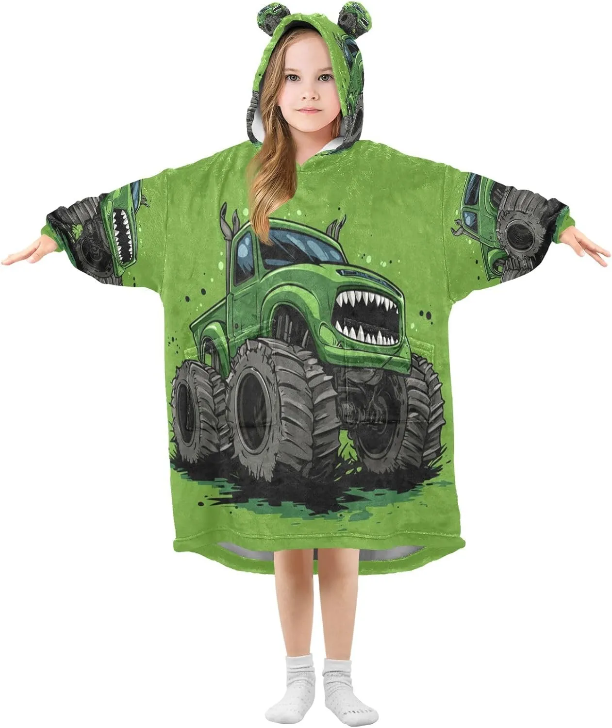 Monster Truck Green Wearable Blanket Hoodie Oversized Blanket Sweatshirt with Pockets Gifts for Kids Girls Teens
