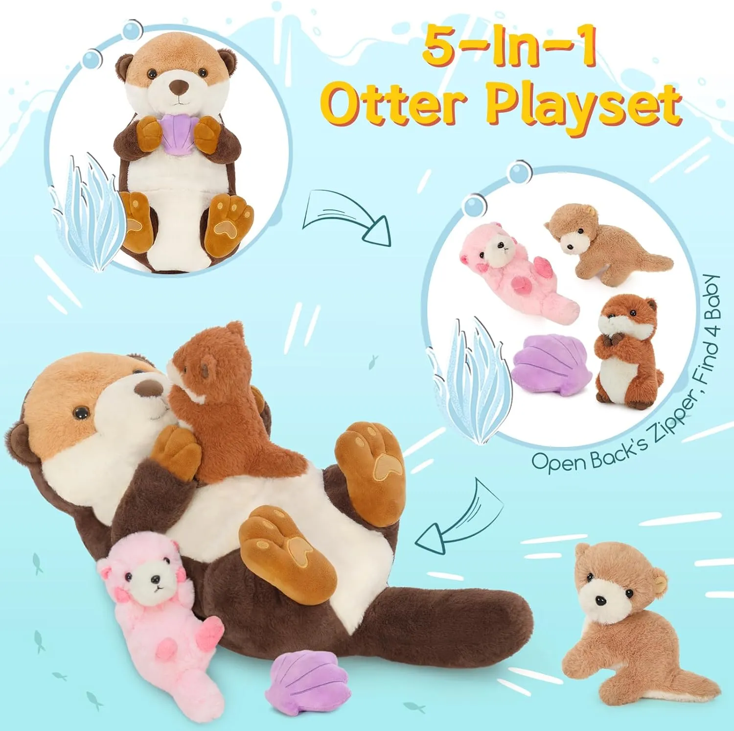 MorisMos 5Pcs Sea Otter Stuffed Animal with Babies,23.6'' Giant Mommy Stuffed Otter with 3 Babies & Plush Seashell, Boy Girl Sea Toys for Kids 3-5 Birthday Christmas Decor
