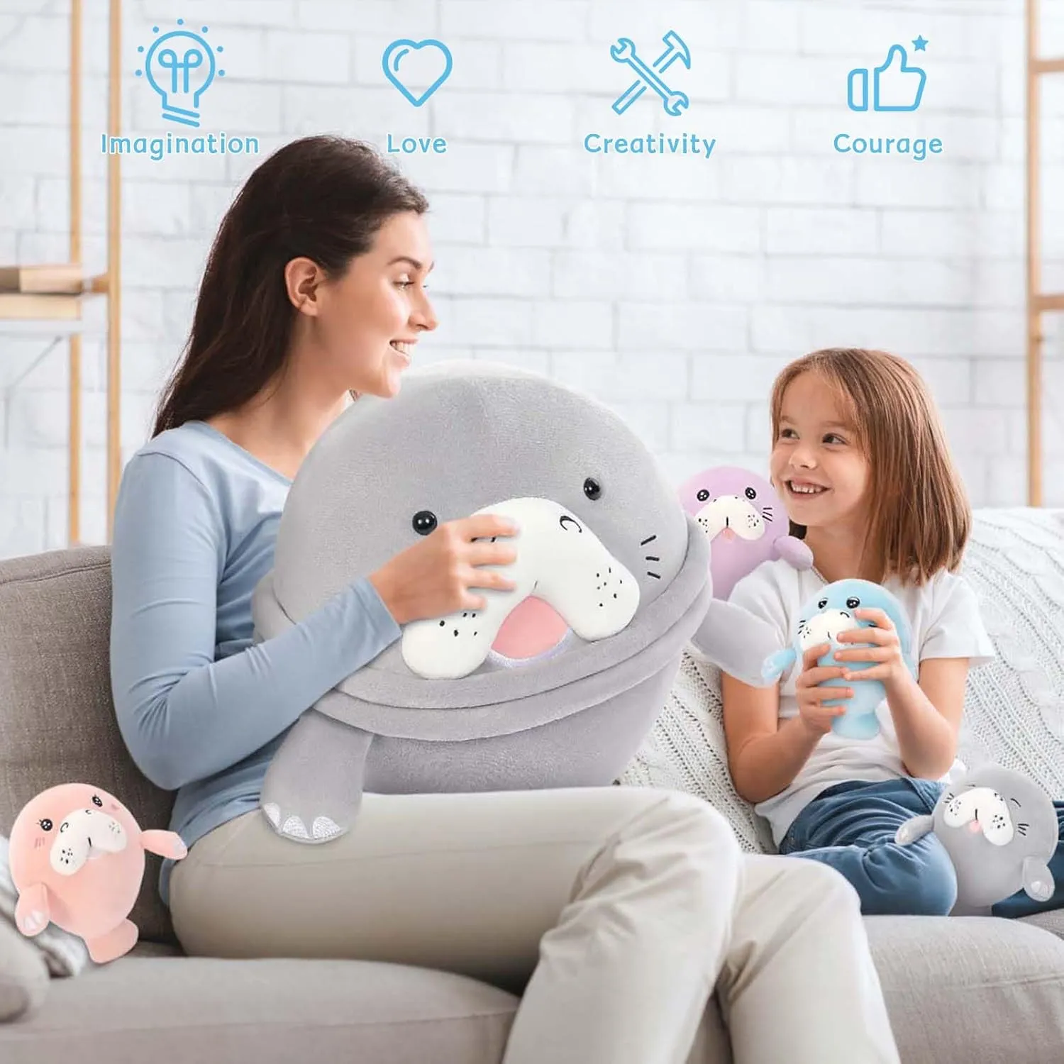 MorisMos Manatee Stuffed Animal Plush with Babies – Large Sea Cow Toys,Soft Stuffed Manatee Hugging Pillow for Kids Adults,Marine Animal Gift & Ocean Plush for Home Decor,CPC Certified