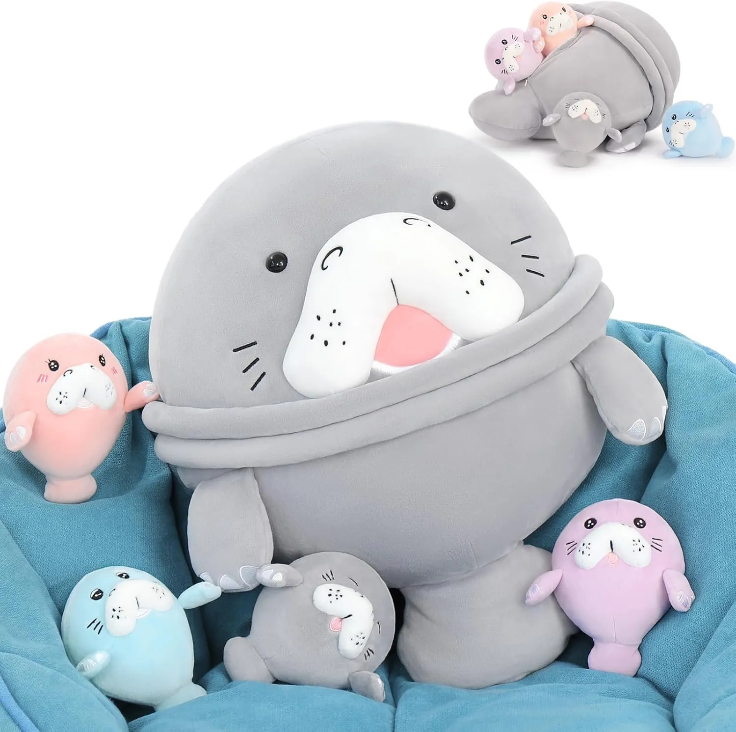 MorisMos Manatee Stuffed Animal Plush with Babies – Large Sea Cow Toys,Soft Stuffed Manatee Hugging Pillow for Kids Adults,Marine Animal Gift & Ocean Plush for Home Decor,CPC Certified