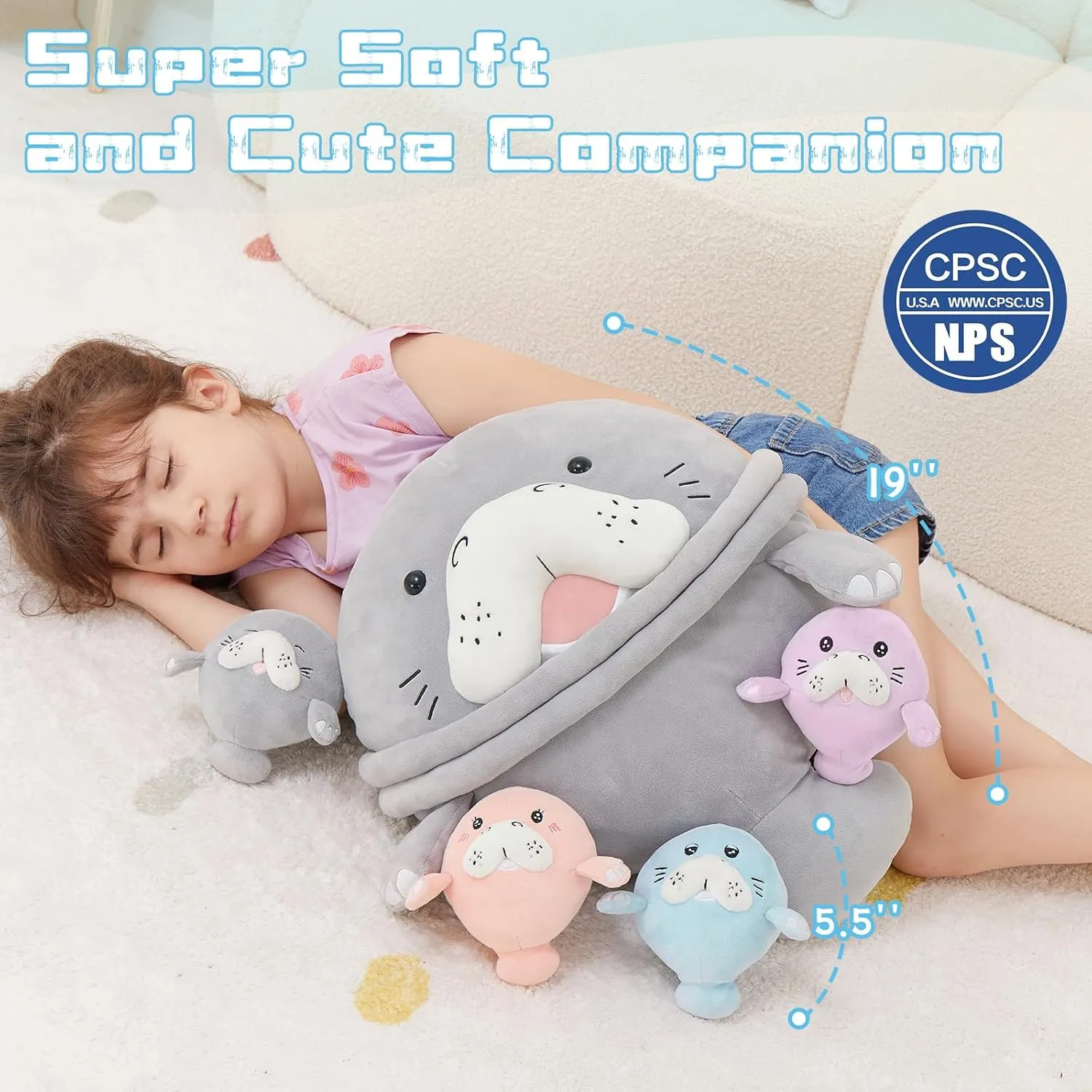 MorisMos Manatee Stuffed Animal Plush with Babies – Large Sea Cow Toys,Soft Stuffed Manatee Hugging Pillow for Kids Adults,Marine Animal Gift & Ocean Plush for Home Decor,CPC Certified
