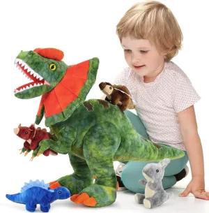 MorisMos Plush Dinosaur Stuffed Animal with Babies,18'' Giant Mommy Stuffed Dilophosaurus with 4 Baby Dino Plushies Inside Belly,Boy Girl Dinosaur Toys for Kids 3-5,5Pcs Dinos Gift for Birthday Party