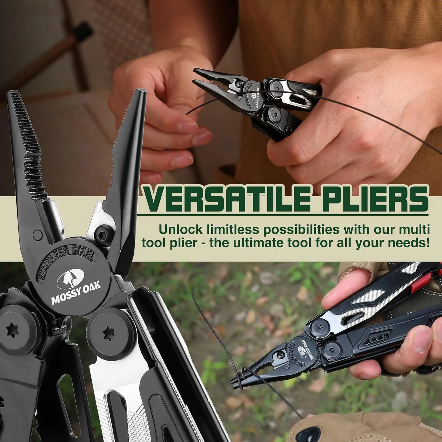 MOSSY OAK Multitool, 19-in-1 Stainless Steel Multi Tool Pliers, Survival Tools with Fire Starter, Window Breaker, Whistler, Self-locking EDC Gear with Sheath for Outdoor, Survival, Camping, Hiking