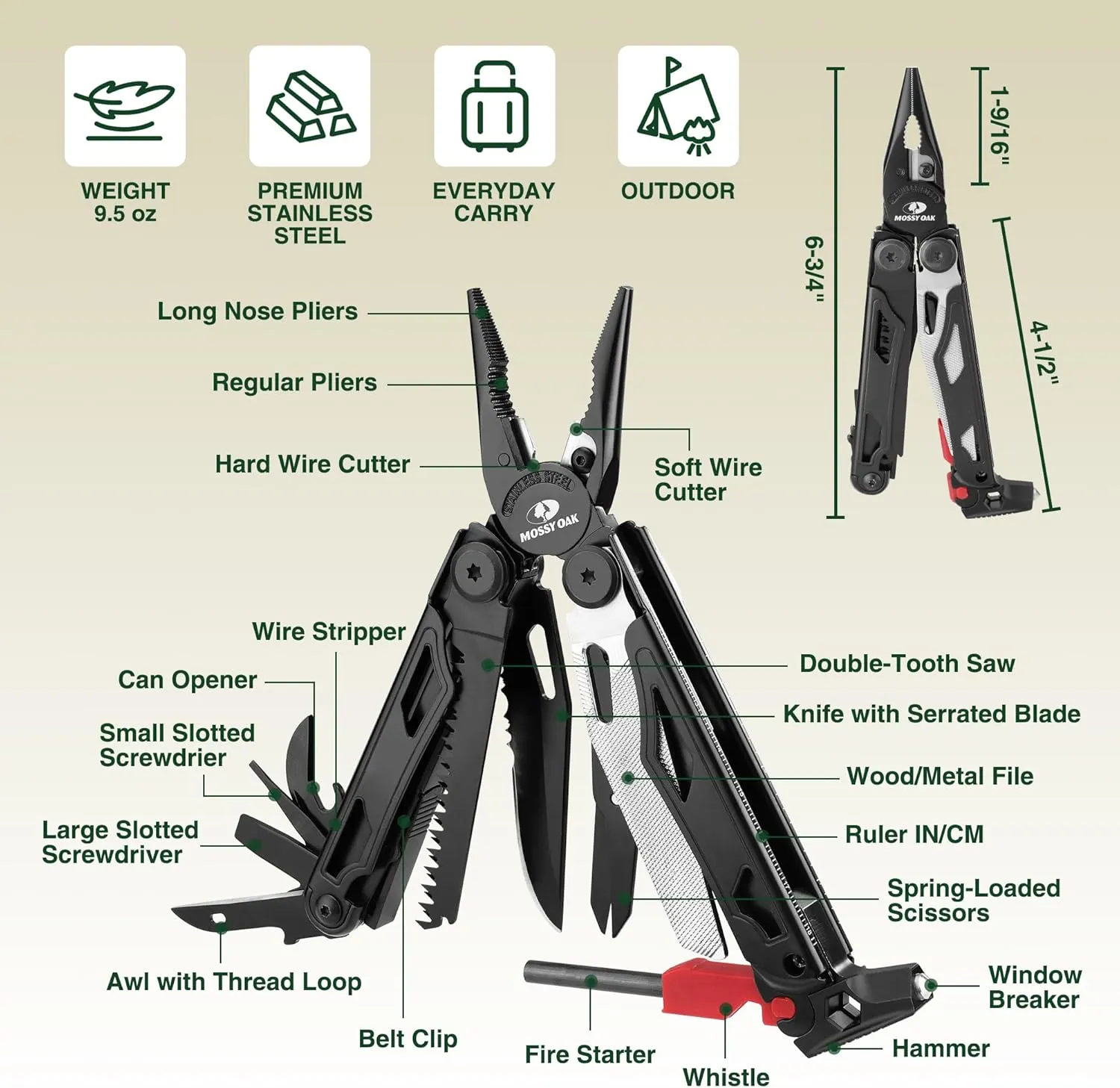 MOSSY OAK Multitool, 19-in-1 Stainless Steel Multi Tool Pliers, Survival Tools with Fire Starter, Window Breaker, Whistler, Self-locking EDC Gear with Sheath for Outdoor, Survival, Camping, Hiking