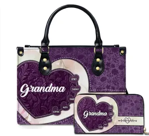 Mothers Day Gift Leather Bag- Personalized Grandmas Purse With Grandkids Names, Grandma Handbag Birthday Gifts For Mom Women