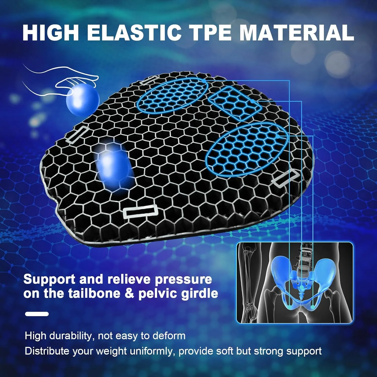 Motorcycle Gel Seat Cushion, 3D Honeycomb Shock-Absorbing, Hollow and Breathable, Hel Material is Compressive, Non-Breaking, Non-Hardening, Soft and Comfortable (Plush)