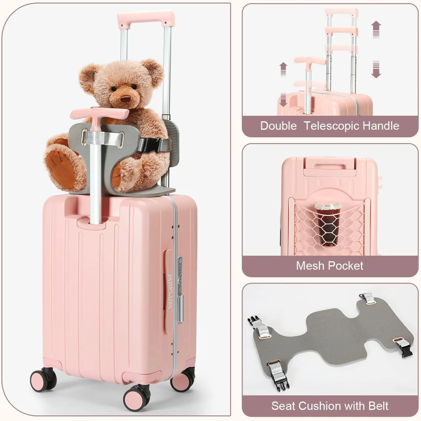 MRPLUM Carry On Luggage Double Handle Suitcase with Net Pocket,Hard Shell Spinner Wheels Luggage with TSA Lock&Seat Belt,20 inch,Pink