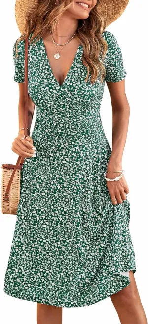 MSBASIC Womens Summer Wrap V Neck Casual Dresses Floral Short Sleeve A-Line Midi Sundress