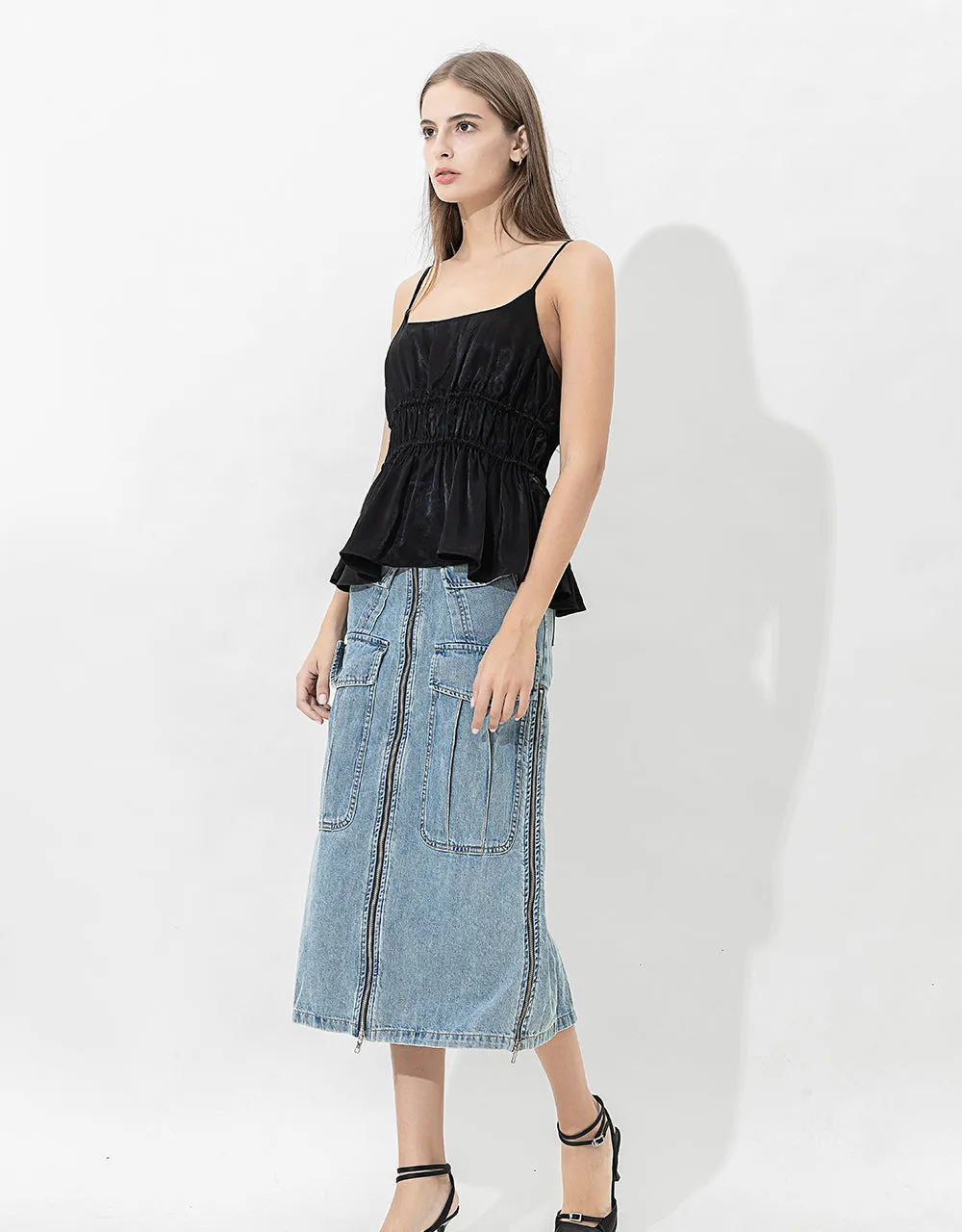 Multi-Pocket Straight Denim Skirt