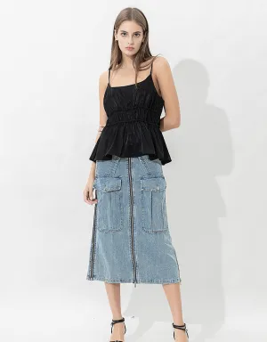 Multi-Pocket Straight Denim Skirt