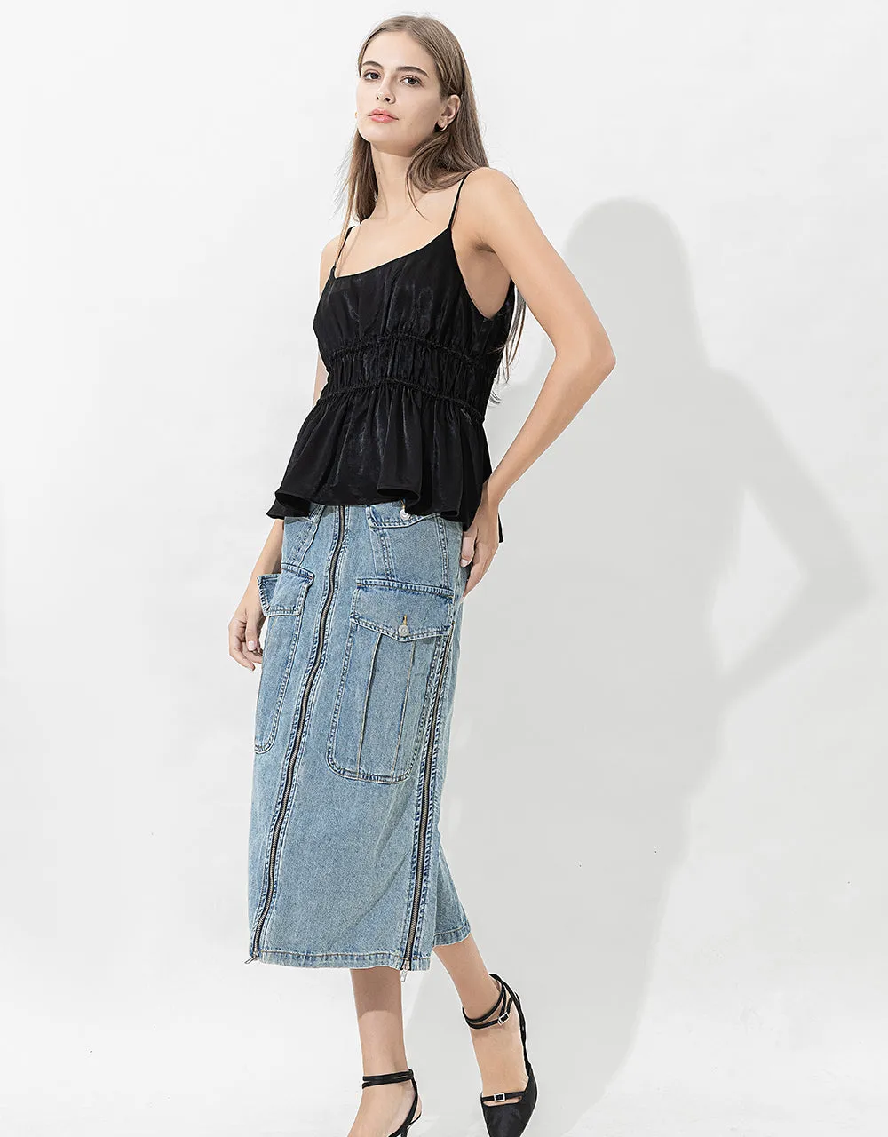 Multi-Pocket Straight Denim Skirt