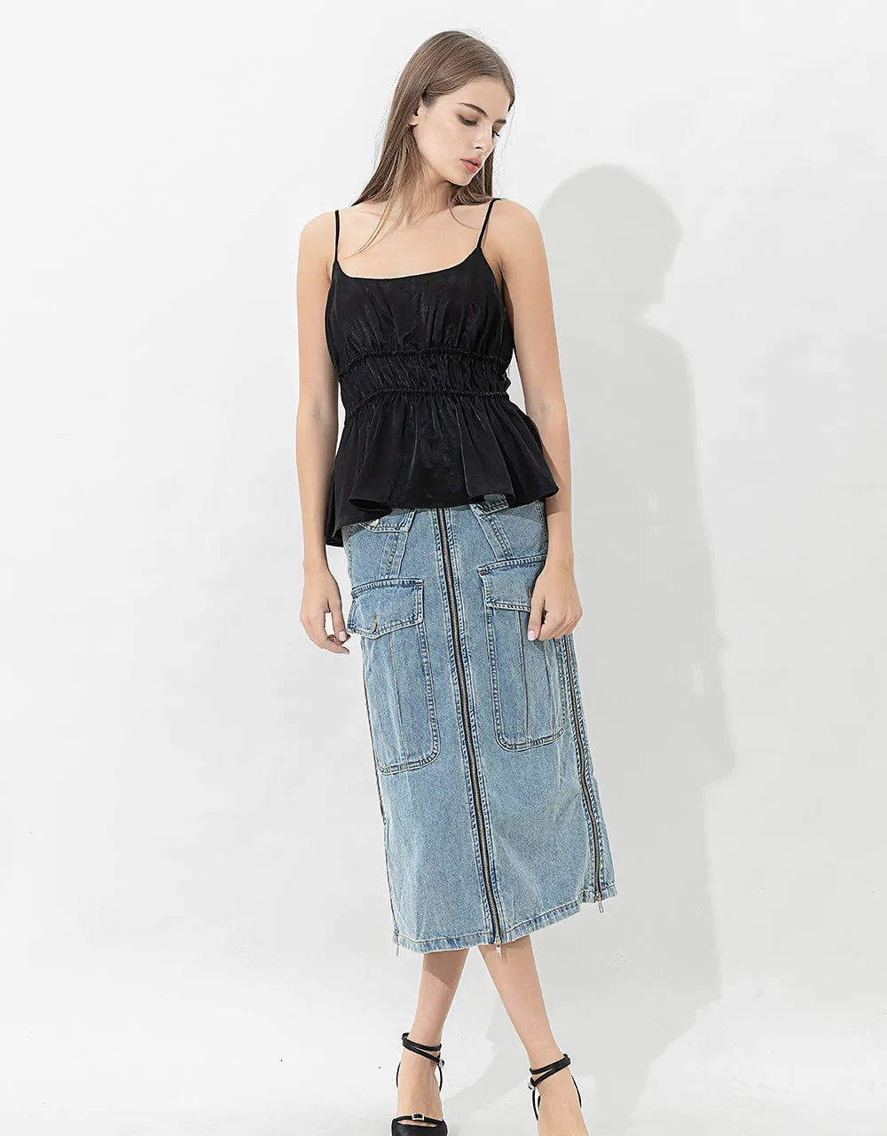 Multi-Pocket Straight Denim Skirt