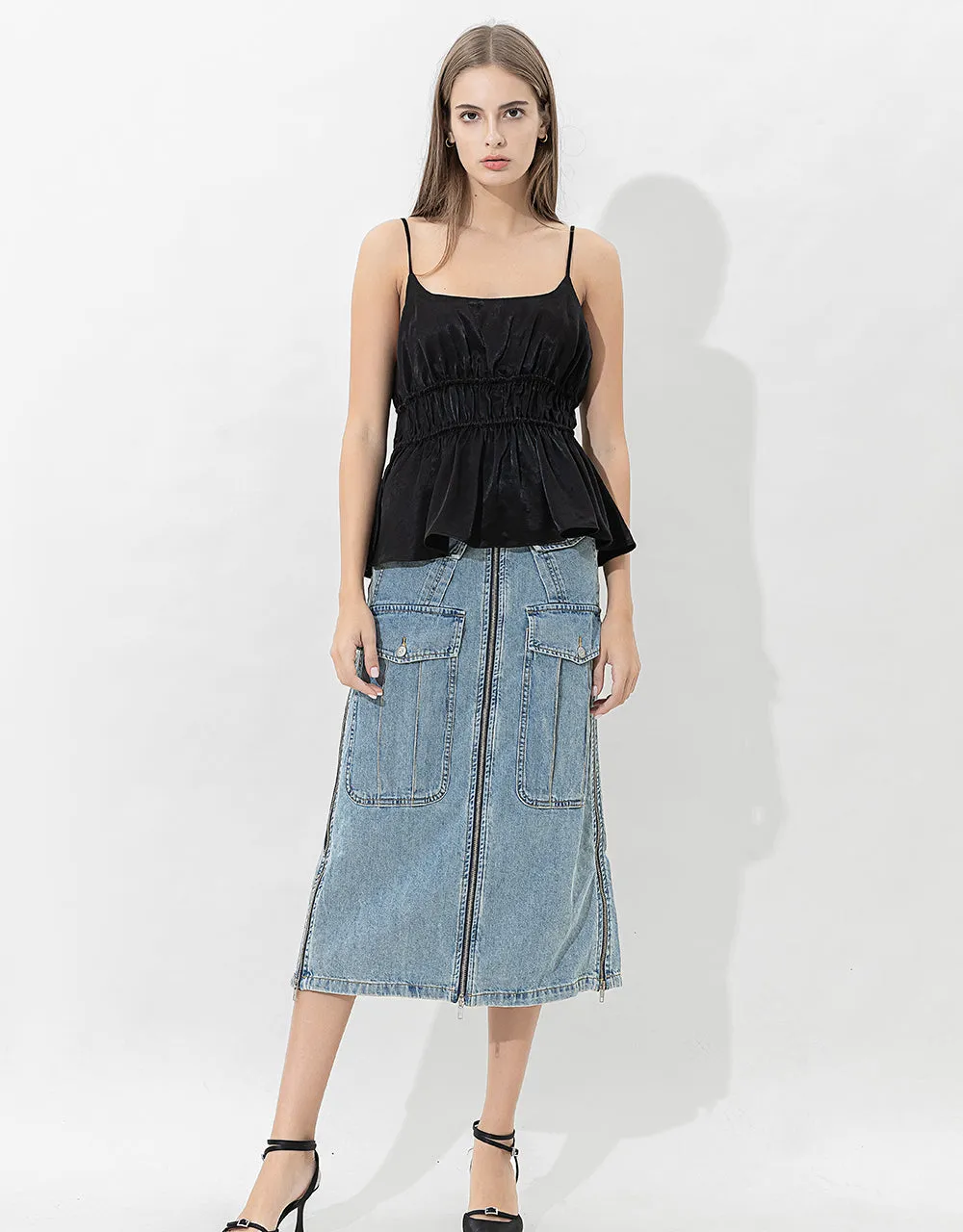 Multi-Pocket Straight Denim Skirt