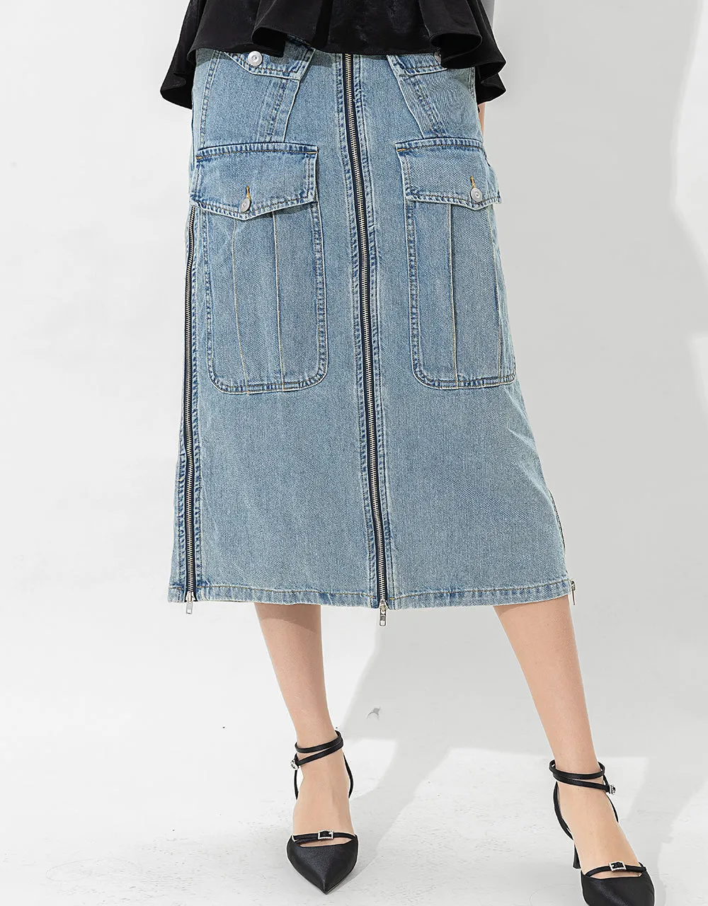 Multi-Pocket Straight Denim Skirt