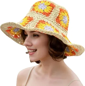 Multicolor Floral Crochet Straw Sun Hat, Foldable Wide Brim Bucket Hat, Packable Fishing Hat, Summer Beach Cap for Women