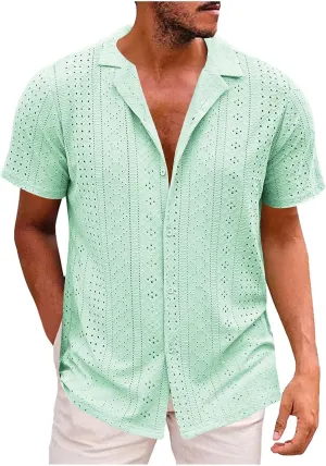 Muscularfit Mens Big and Tall Button Down Shirts Summer Short Sleeve Eyelet Shirts Casual Beach Tops Muscle Basic T Shirts