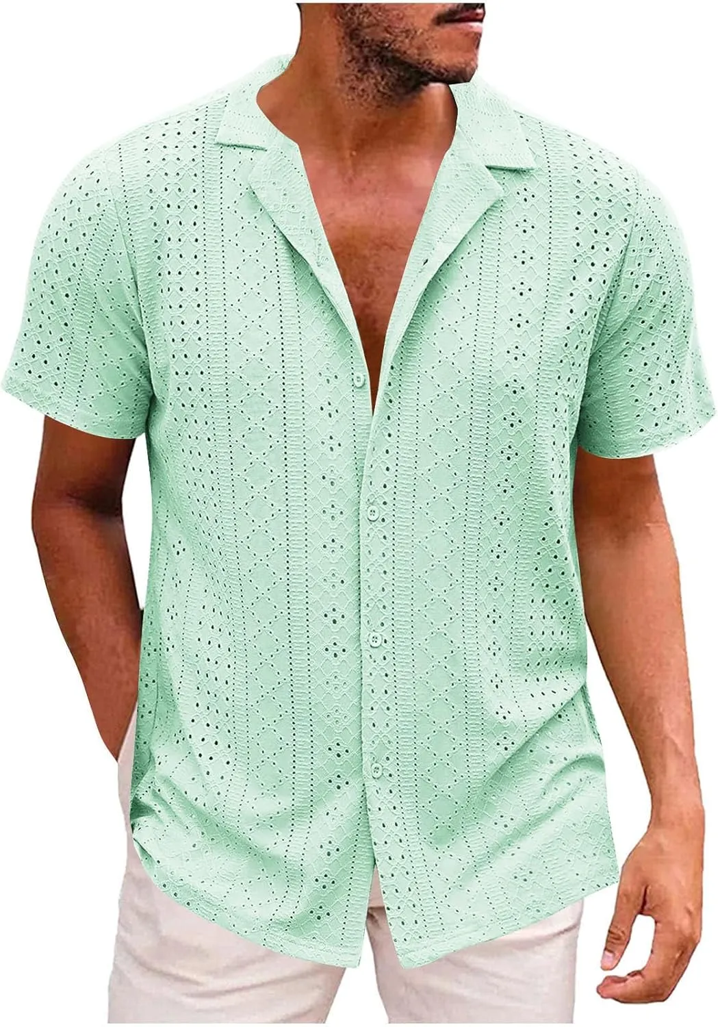 Muscularfit Mens Big and Tall Button Down Shirts Summer Short Sleeve Eyelet Shirts Casual Beach Tops Muscle Basic T Shirts