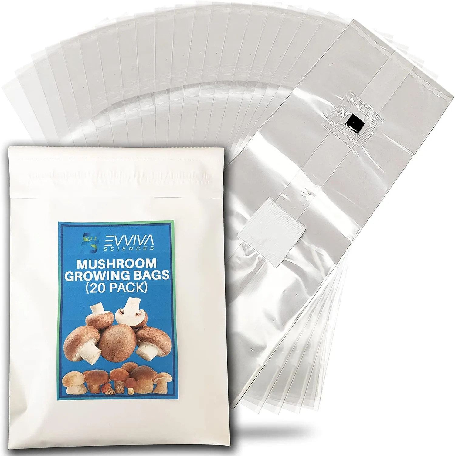 Mushroom Grow Bags with Self Healing Injection Port - 20 Bags - Evviva Sciences - 0.2 Micron Patch - Thick 3mm Polypropylene - Autoclavable, Durable, & Tear Resistant