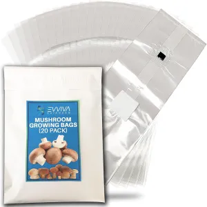 Mushroom Grow Bags with Self Healing Injection Port - 20 Bags - Evviva Sciences - 0.2 Micron Patch - Thick 3mm Polypropylene - Autoclavable, Durable, & Tear Resistant