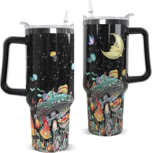 Mushroom Tumbler with Handle and Straw 40 oz Gothic Mushroom Coffee Travel Mug Cute Funny Style Insulated Cup Water Bottle Halloween Goth Stuff Gifts Decor for Women