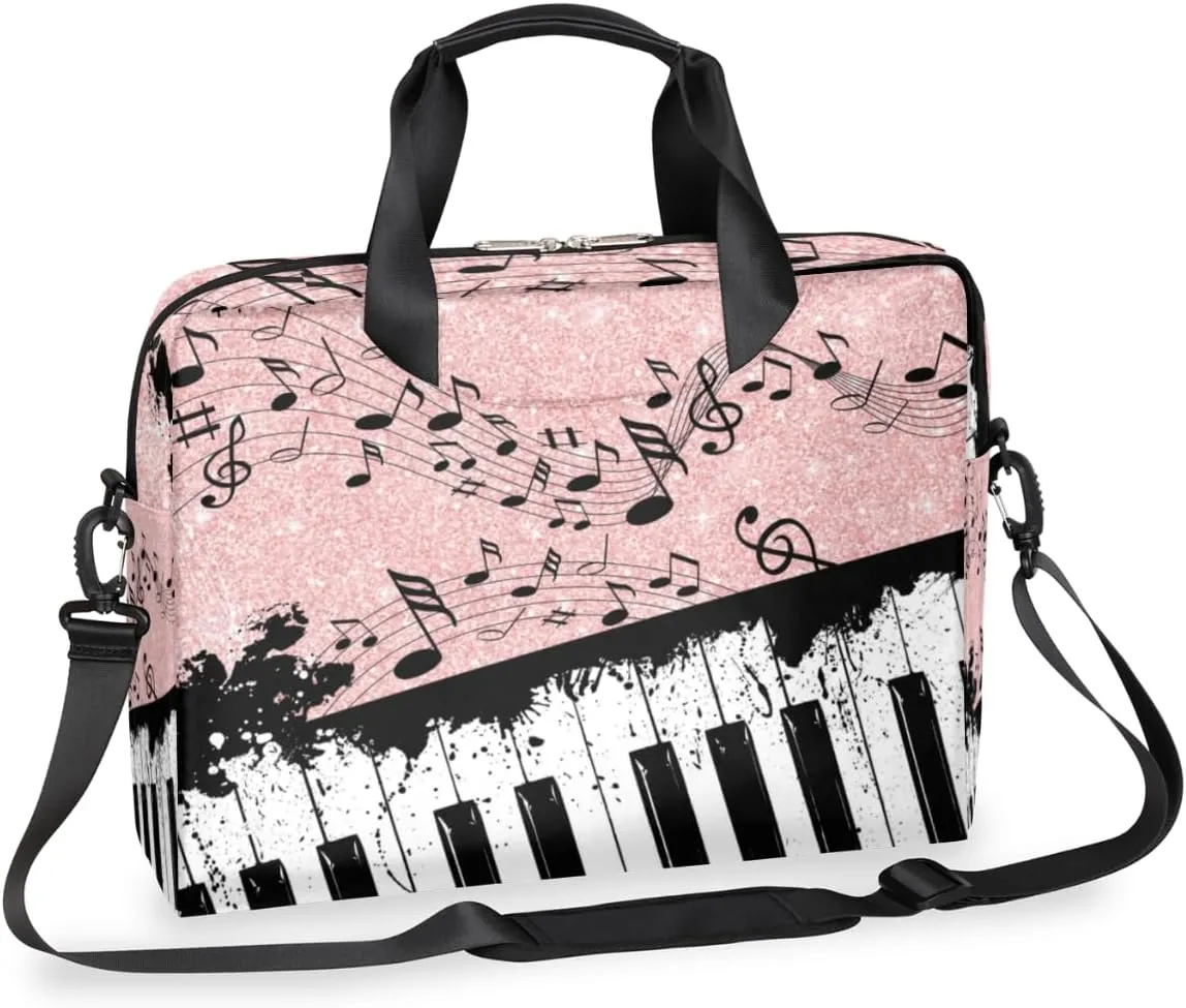 Music Notes Pink Black Laptop Bag 15-16 Inch Laptop Case for Women Men Shoulder Messenger Bag Piano Key Computer Briefcase for Business, Office, College, Travel Laptop Bag
